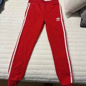 Adidas Kids Red Joggers with White Stripes